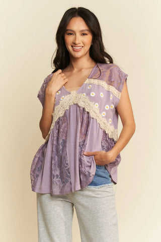 Lace Babydoll Top with Daisy Embroidery & Crochet Trim