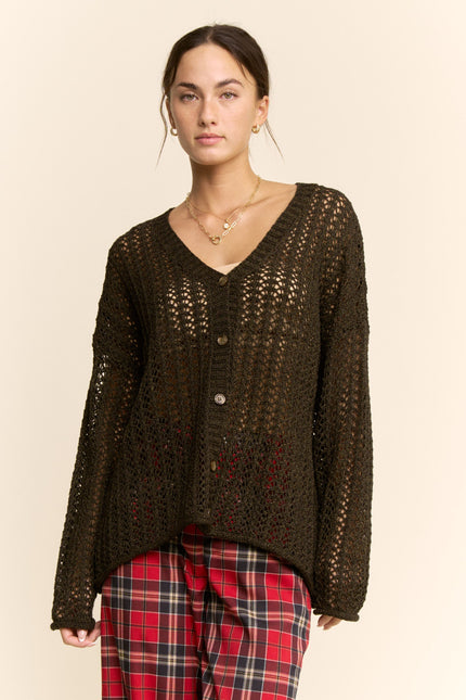 Evania Open-Knit Top — Deep Green front