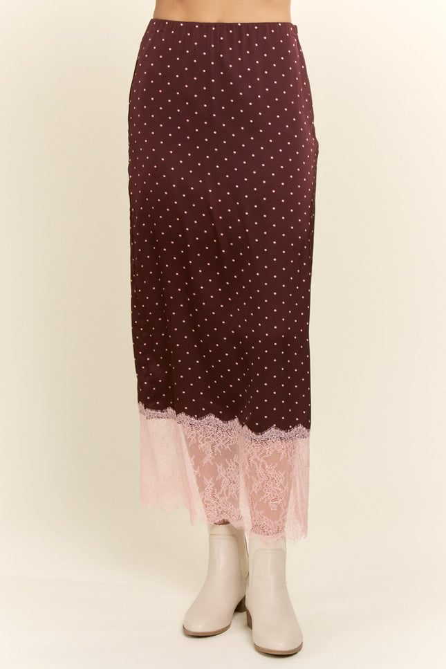 Velatine Skirt — Burgundy/Pink Dots front