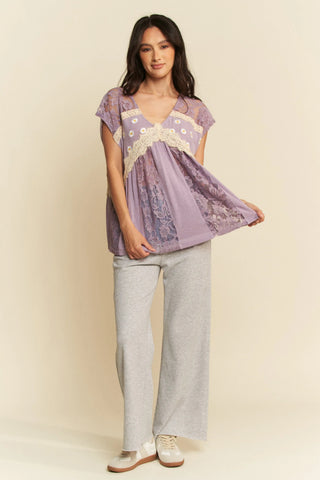 Lace Babydoll Top with Daisy Embroidery & Crochet Trim
