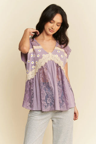 Lace Babydoll Top with Daisy Embroidery & Crochet Trim
