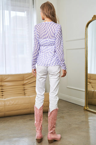 Warp Check Long Sleeve Mesh Top