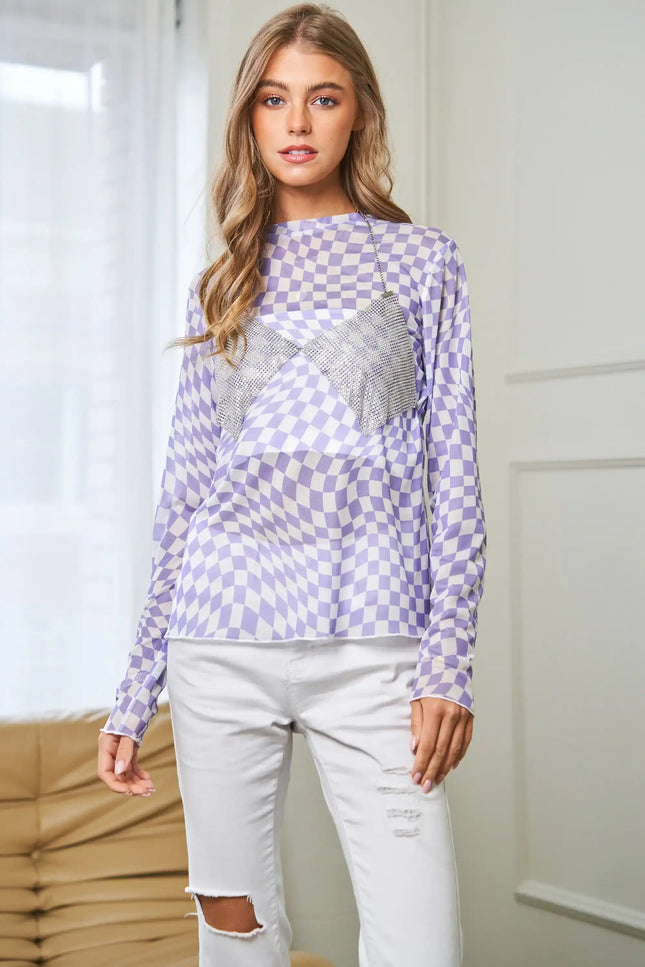 Warp Check Long Sleeve Mesh Top