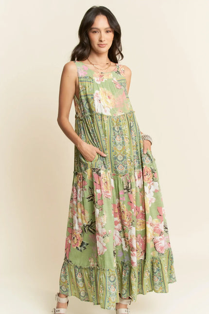 Sleeveless Tiered Floral Maxi Dress – Vintage Boho Patchwork Style