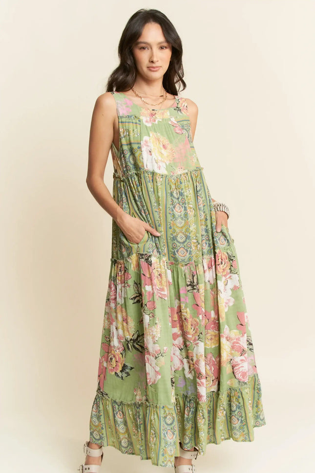 Sleeveless Tiered Floral Maxi Dress – Vintage Boho Patchwork Style