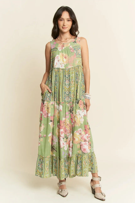 Sleeveless Tiered Floral Maxi Dress – Vintage Boho Patchwork Style