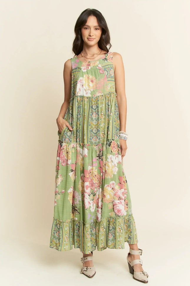 Sleeveless Tiered Floral Maxi Dress – Vintage Boho Patchwork Style