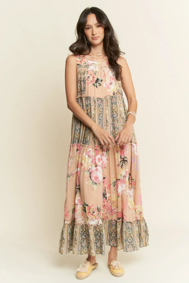 Sleeveless Tiered Floral Maxi Dress – Vintage Boho Patchwork Style