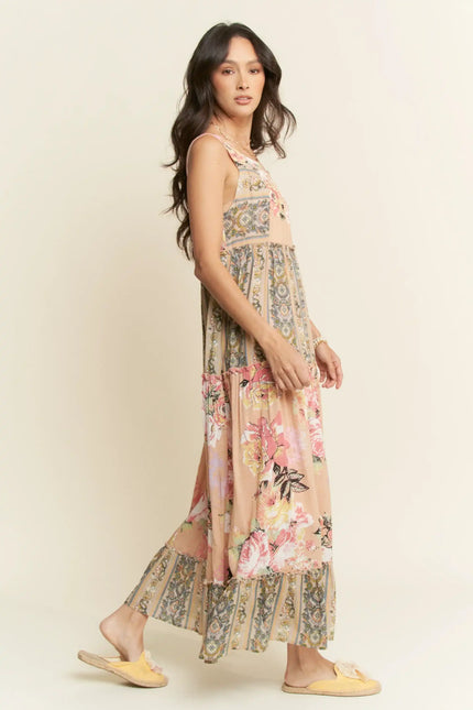 Sleeveless Tiered Floral Maxi Dress – Vintage Boho Patchwork Style