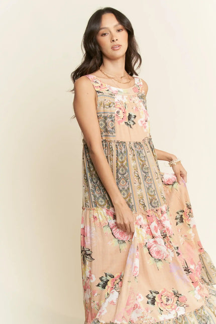 Sleeveless Tiered Floral Maxi Dress – Vintage Boho Patchwork Style