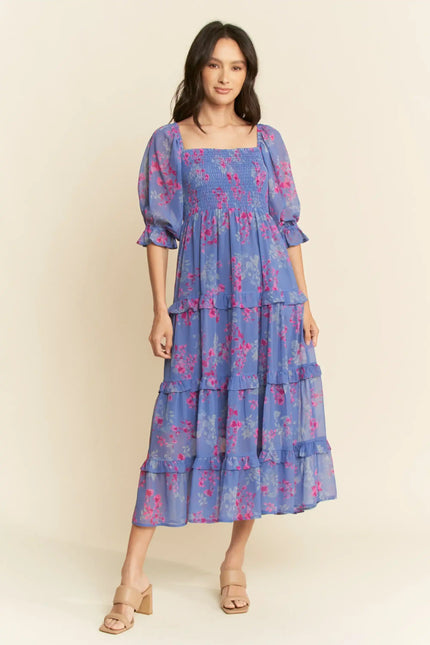 Floral Smocked Midi Dress – Puff Sleeve Tiered Ruffle Skirt Dress