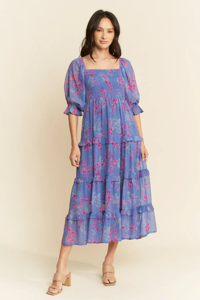 Floral Smocked Midi Dress – Puff Sleeve Tiered Ruffle Skirt Dress