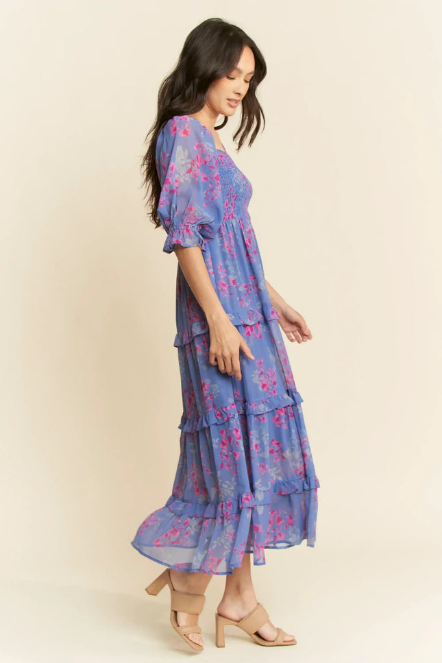 Floral Smocked Midi Dress – Puff Sleeve Tiered Ruffle Skirt Dress