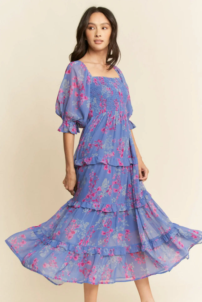 Floral Smocked Midi Dress – Puff Sleeve Tiered Ruffle Skirt Dress