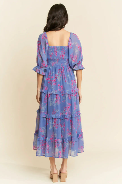 Floral Smocked Midi Dress – Puff Sleeve Tiered Ruffle Skirt Dress