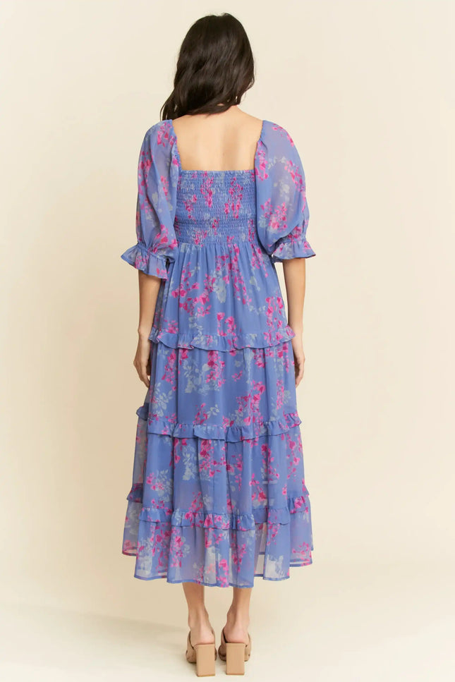 Floral Smocked Midi Dress – Puff Sleeve Tiered Ruffle Skirt Dress