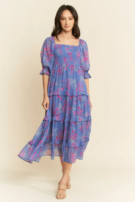 Floral Smocked Midi Dress – Puff Sleeve Tiered Ruffle Skirt Dress