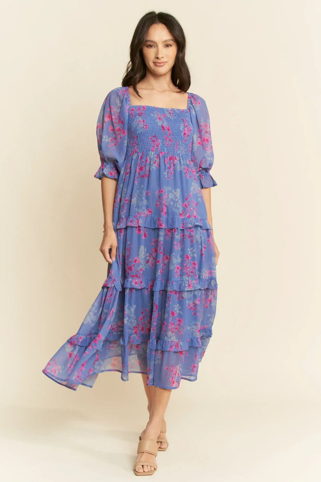 Floral Smocked Midi Dress – Puff Sleeve Tiered Ruffle Skirt Dress