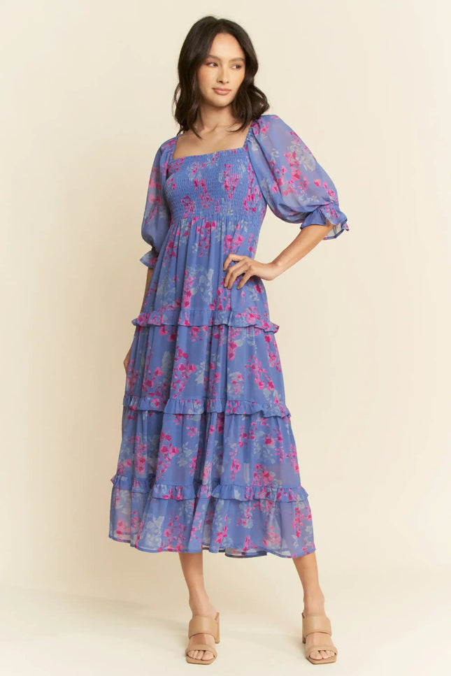 Floral Smocked Midi Dress – Puff Sleeve Tiered Ruffle Skirt Dress