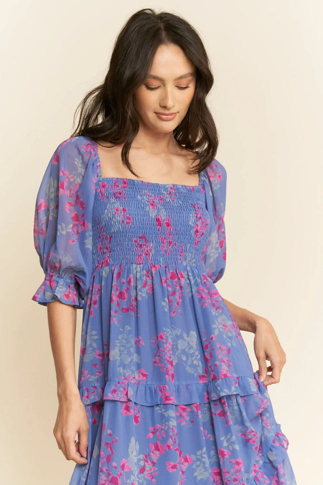 Floral Smocked Midi Dress – Puff Sleeve Tiered Ruffle Skirt Dress