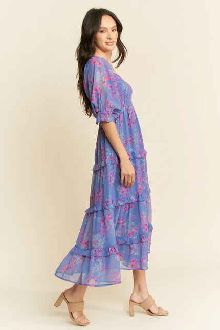 Floral Smocked Midi Dress – Puff Sleeve Tiered Ruffle Skirt Dress