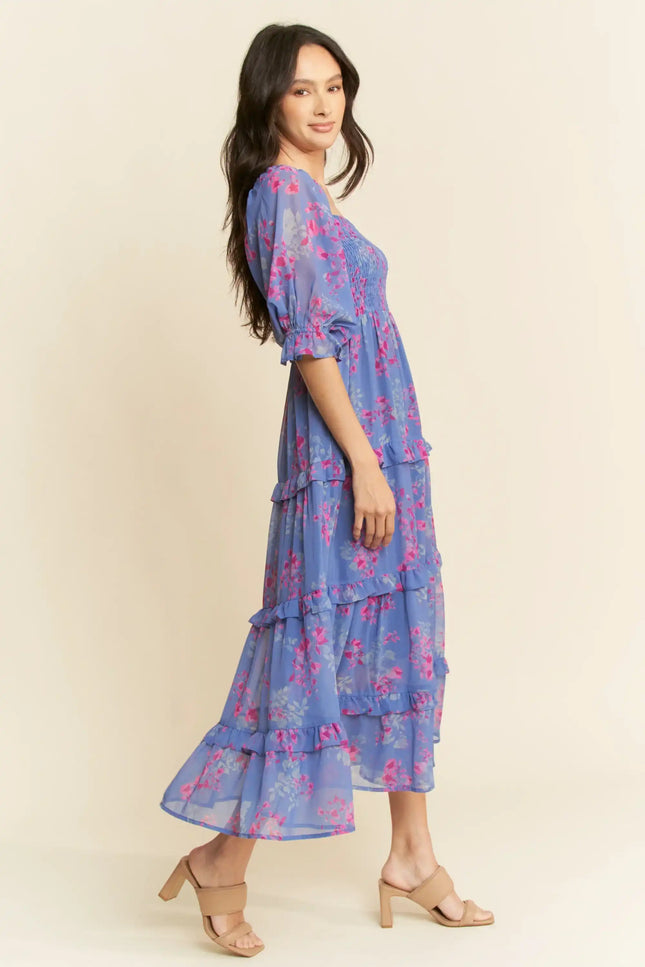 Floral Smocked Midi Dress – Puff Sleeve Tiered Ruffle Skirt Dress