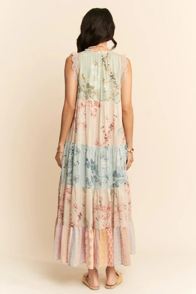 Fieldwhim Dress – Tiered Patchwork Maxi with Crochet Trim