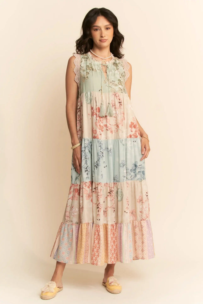 Fieldwhim Dress – Tiered Patchwork Maxi with Crochet Trim