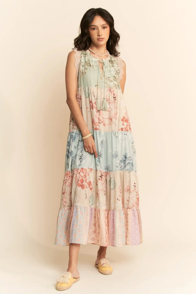 Fieldwhim Dress – Tiered Patchwork Maxi with Crochet Trim
