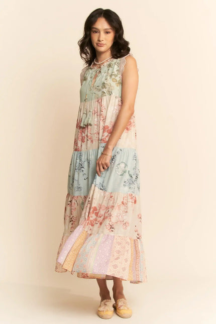 Fieldwhim Dress – Tiered Patchwork Maxi with Crochet Trim