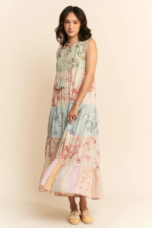 Fieldwhim Dress – Tiered Patchwork Maxi with Crochet Trim