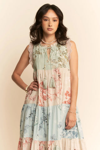Fieldwhim Dress – Tiered Patchwork Maxi with Crochet Trim
