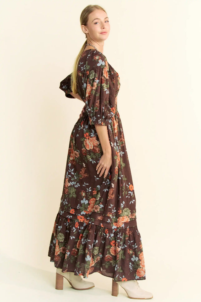 Rucha Dress - Floral Ruched Bust Maxi Dress – Smocked Waist Puff Sleeve Tiered Hem