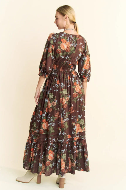 Rucha Dress - Floral Ruched Bust Maxi Dress – Smocked Waist Puff Sleeve Tiered Hem