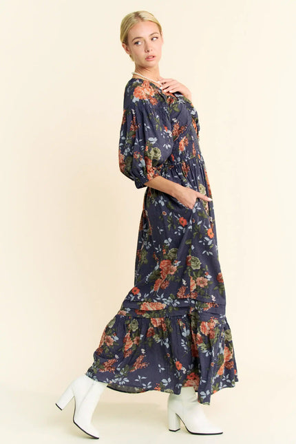 Rucha Dress - Floral Ruched Bust Maxi Dress – Smocked Waist Puff Sleeve Tiered Hem