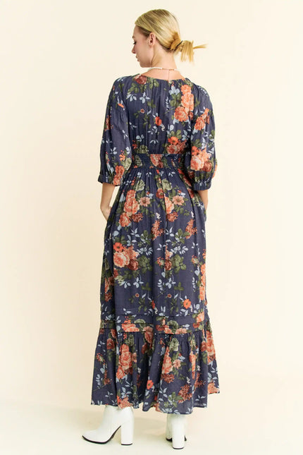 Rucha Dress - Floral Ruched Bust Maxi Dress – Smocked Waist Puff Sleeve Tiered Hem