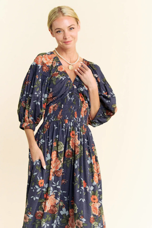 Rucha Dress - Floral Ruched Bust Maxi Dress – Smocked Waist Puff Sleeve Tiered Hem