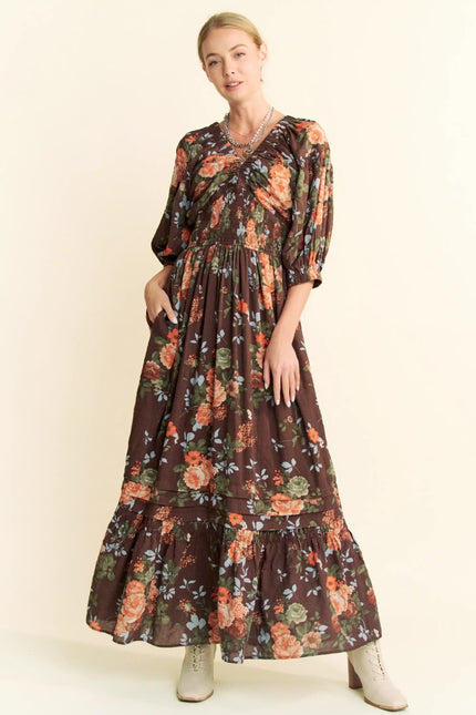 Rucha Dress - Floral Ruched Bust Maxi Dress – Smocked Waist Puff Sleeve Tiered Hem