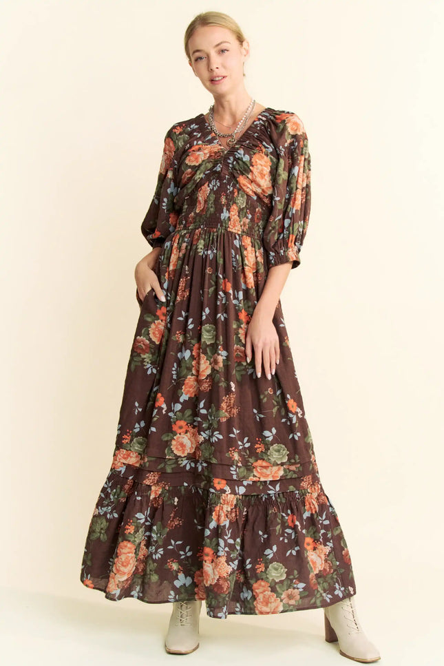 Rucha Dress - Floral Ruched Bust Maxi Dress – Smocked Waist Puff Sleeve Tiered Hem
