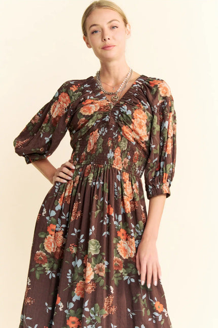 Rucha Dress - Floral Ruched Bust Maxi Dress – Smocked Waist Puff Sleeve Tiered Hem