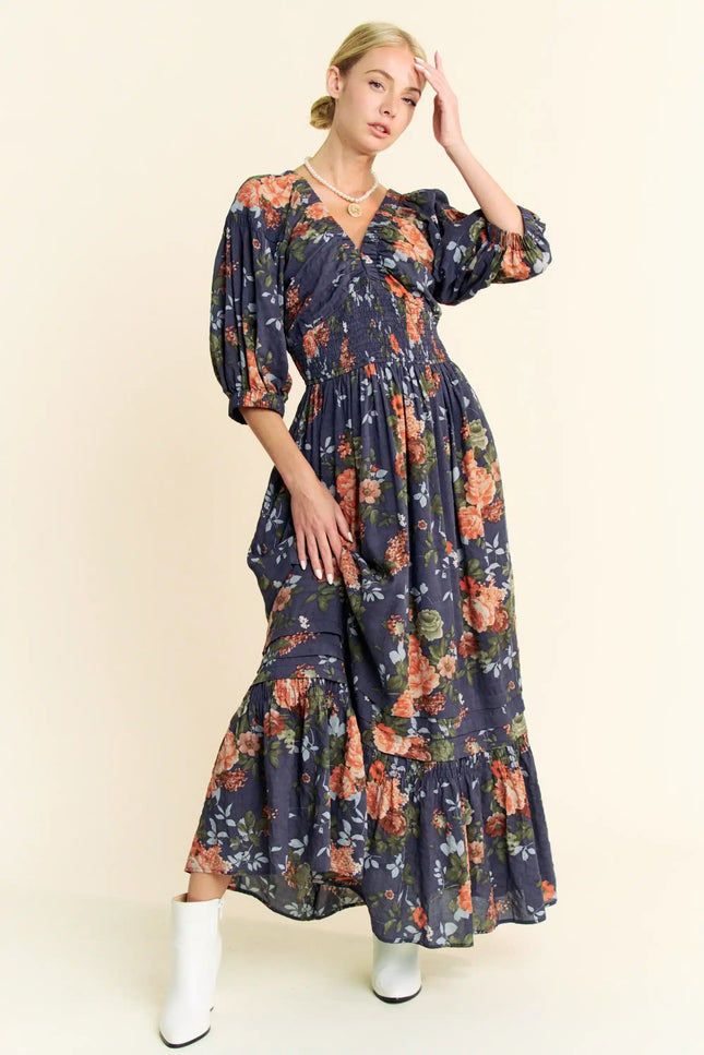 Rucha Dress - Floral Ruched Bust Maxi Dress – Smocked Waist Puff Sleeve Tiered Hem