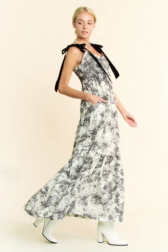 Toile Print Smocked Maxi Dress – Ribbon Tie Strap Tiered Skirt Dress