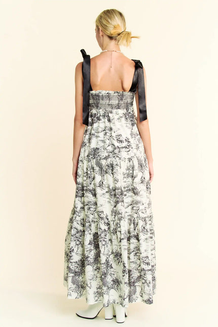 Toile Print Smocked Maxi Dress – Ribbon Tie Strap Tiered Skirt Dress