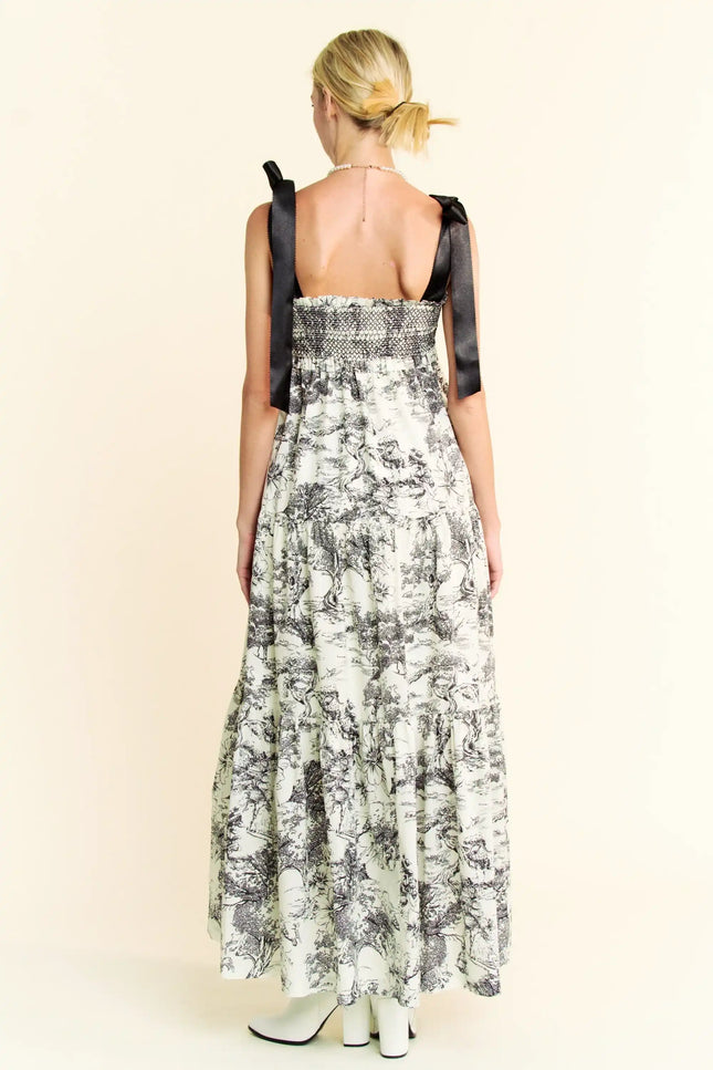 Toile Print Smocked Maxi Dress – Ribbon Tie Strap Tiered Skirt Dress