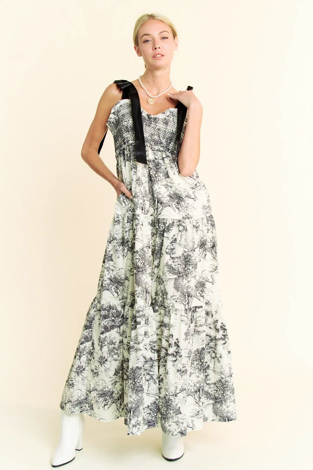 Toile Print Smocked Maxi Dress – Ribbon Tie Strap Tiered Skirt Dress