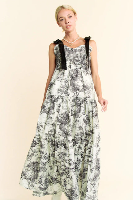 Toile Print Smocked Maxi Dress – Ribbon Tie Strap Tiered Skirt Dress