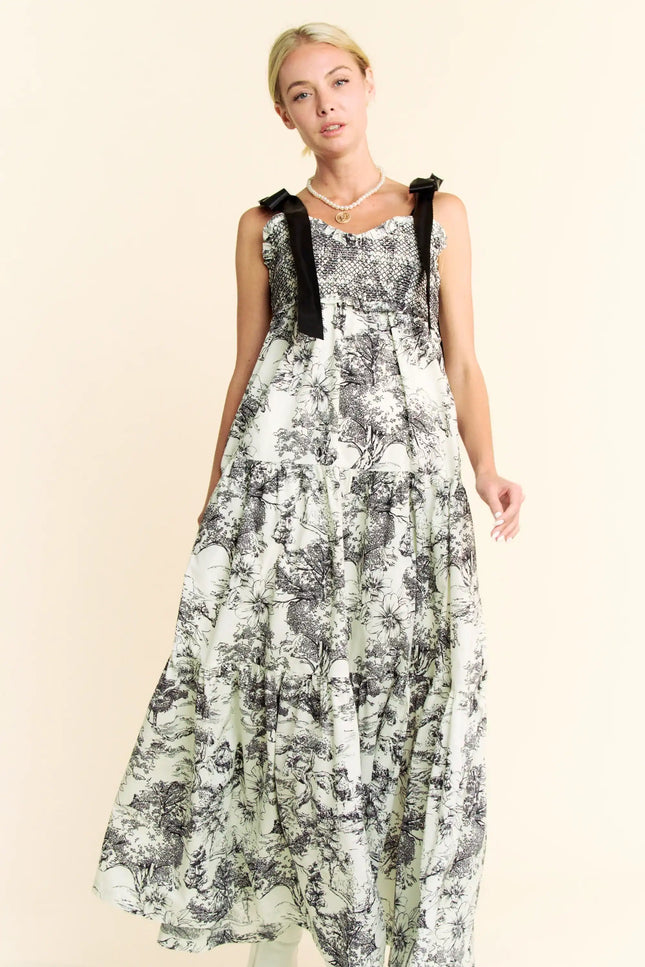 Toile Print Smocked Maxi Dress – Ribbon Tie Strap Tiered Skirt Dress