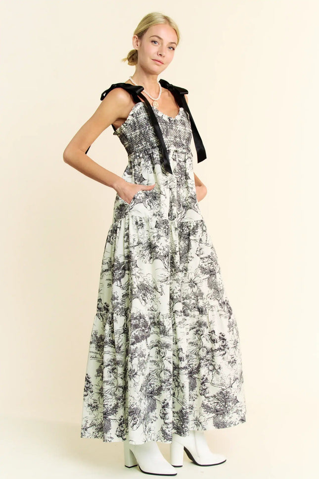 Toile Print Smocked Maxi Dress – Ribbon Tie Strap Tiered Skirt Dress