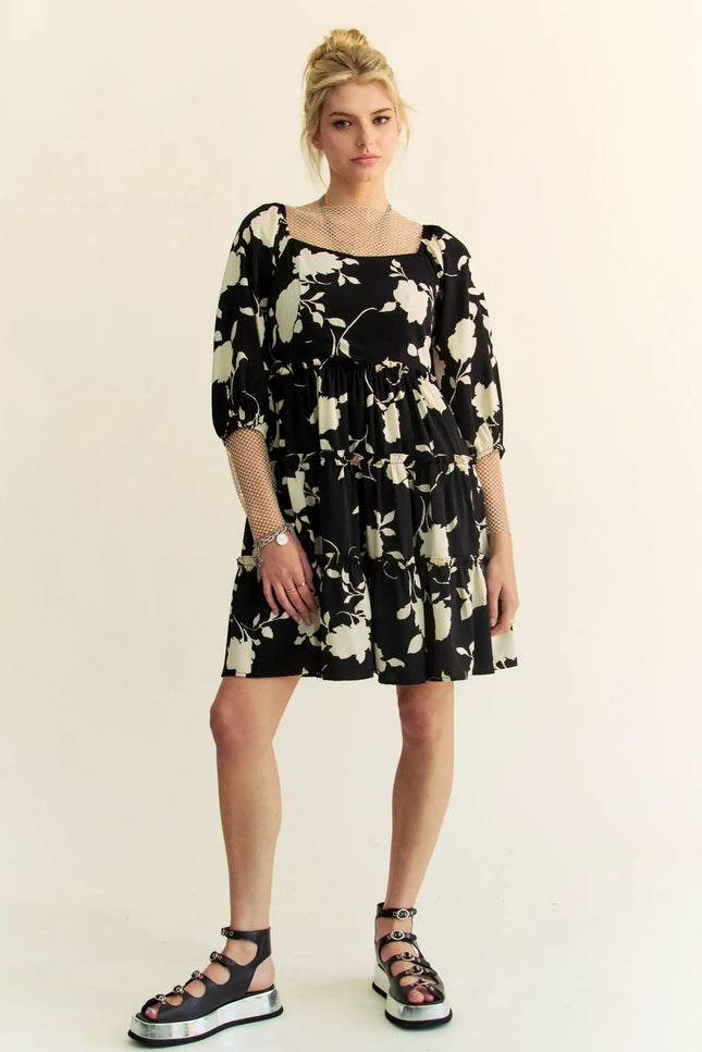 Floral Print Tiered Mini Dress – Square Neck Balloon Sleeve Silhouette