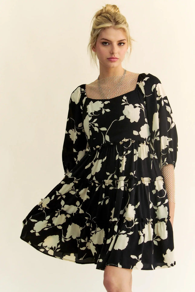 Floral Print Tiered Mini Dress – Square Neck Balloon Sleeve Silhouette